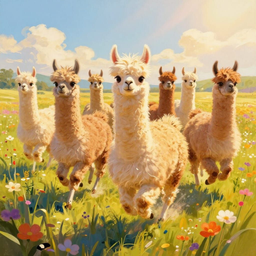 Llama Herd Rushing Through Wildflower Field