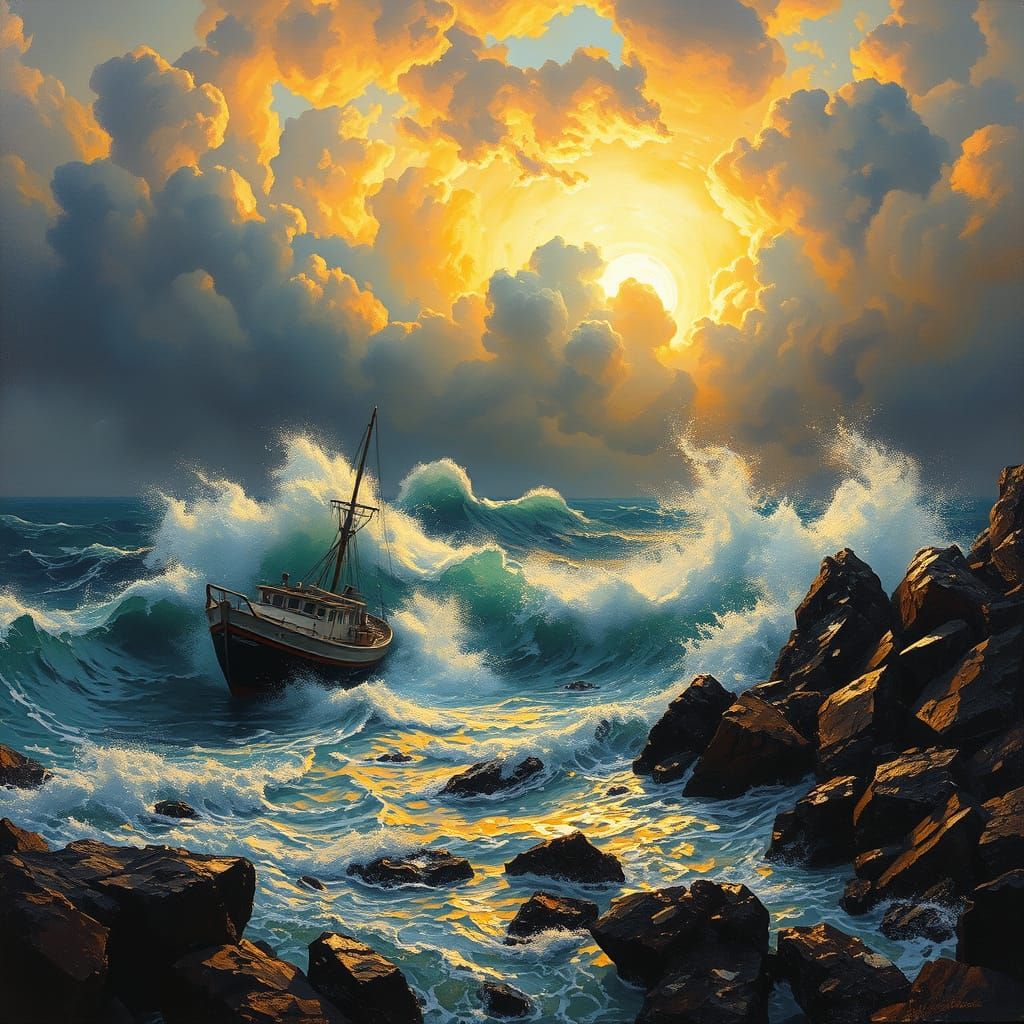 Dramatic Seascape of Boat in Storm After Turner