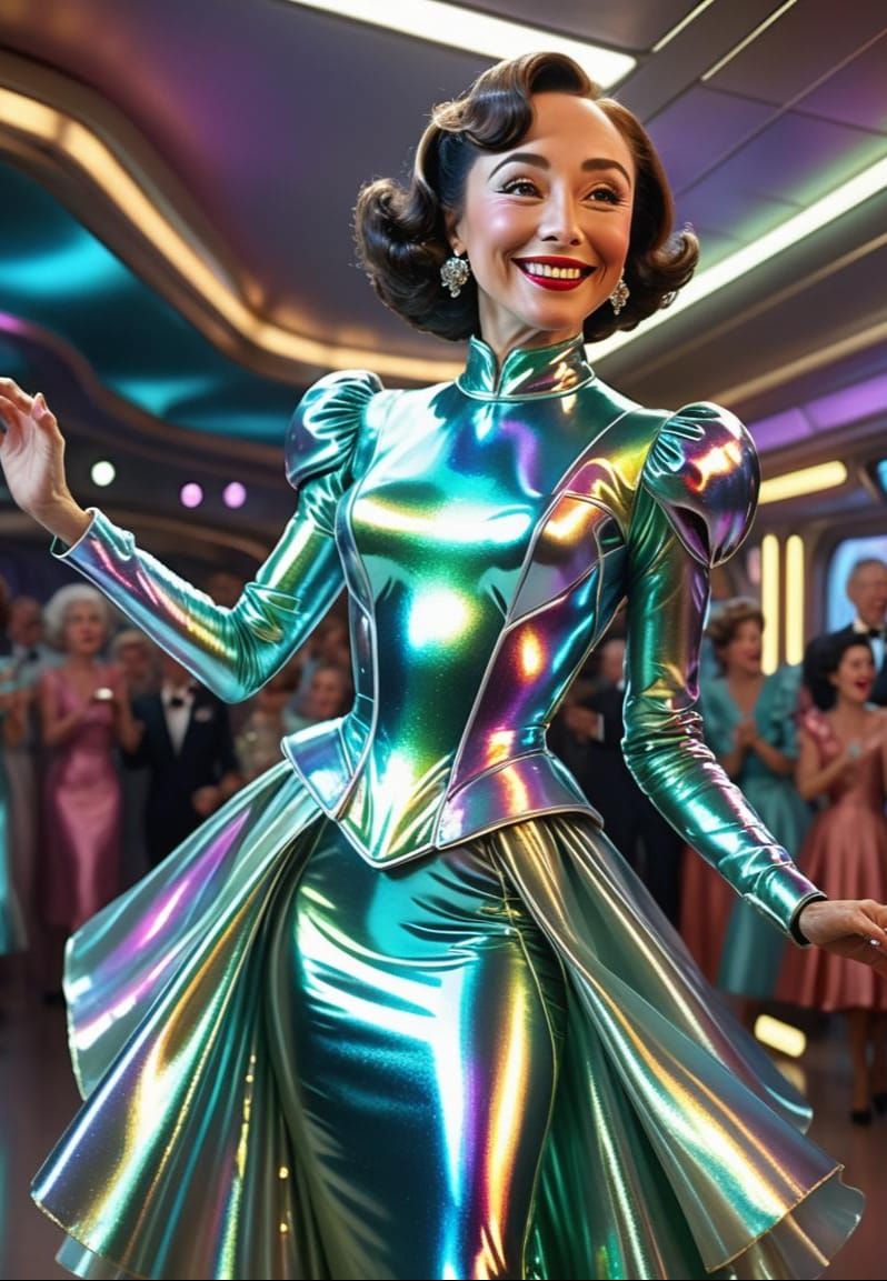 Iridescent Cyborg Lady Dancing in Starship, Synthwave Style
