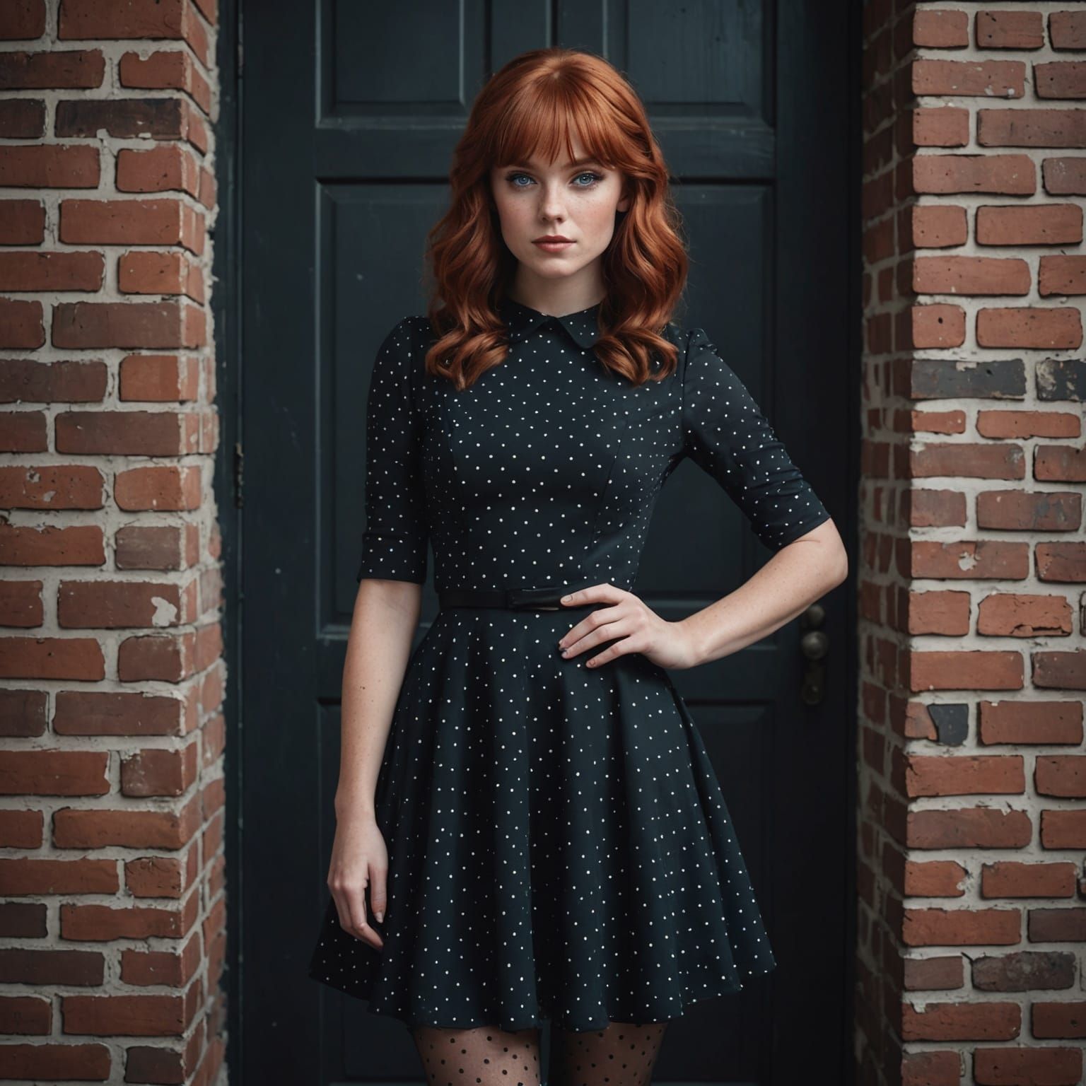 Woman With Red Hair Posing in Polka Dot Dress