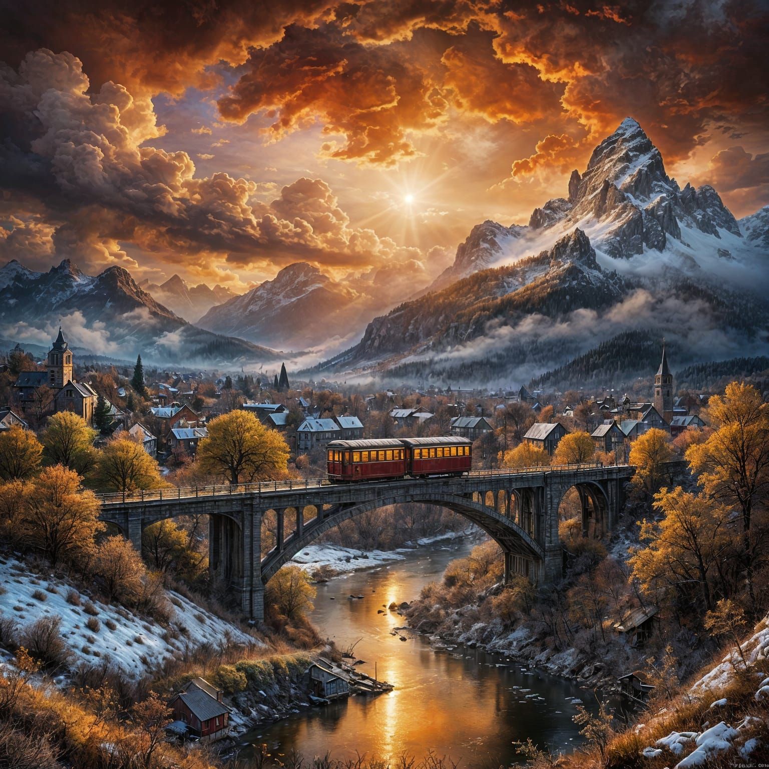 Majestic Winter Trams Crossing Bridge in Misty City