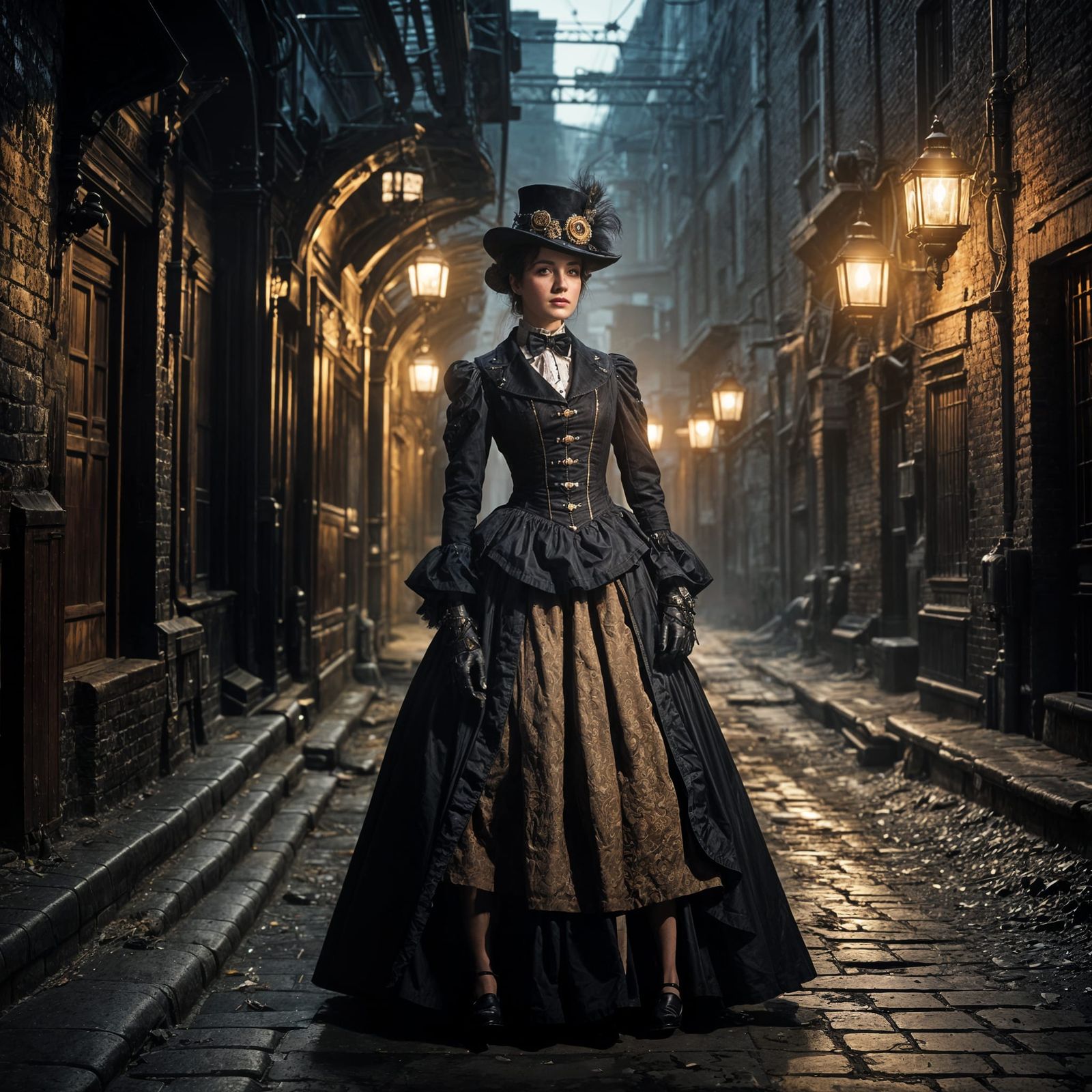 Steampunk Woman in Dimly Lit Alley