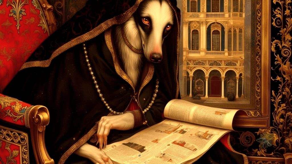 Borzoi Dog Inspects Mansion in Medieval Manuscript Style