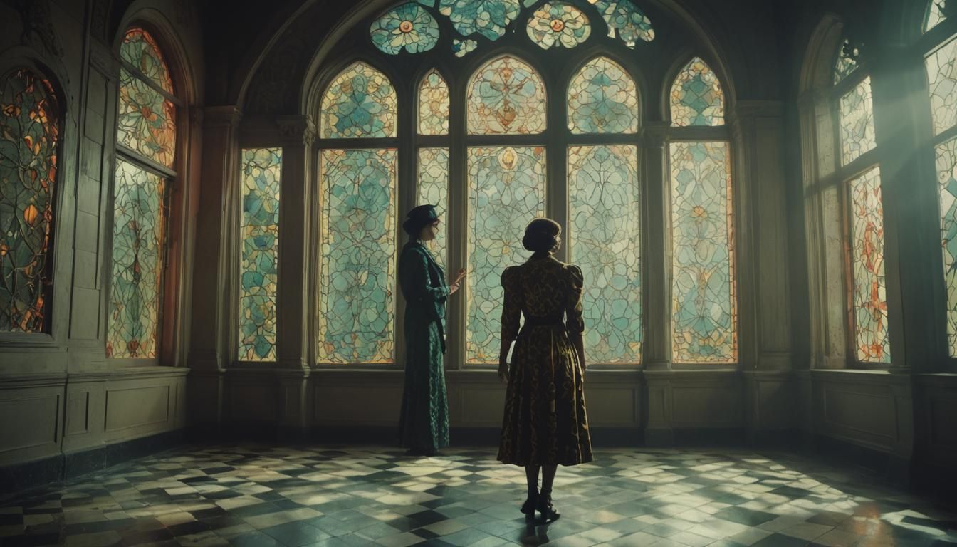 Vintage Woman in Gothic Room with Psychedelic Flair