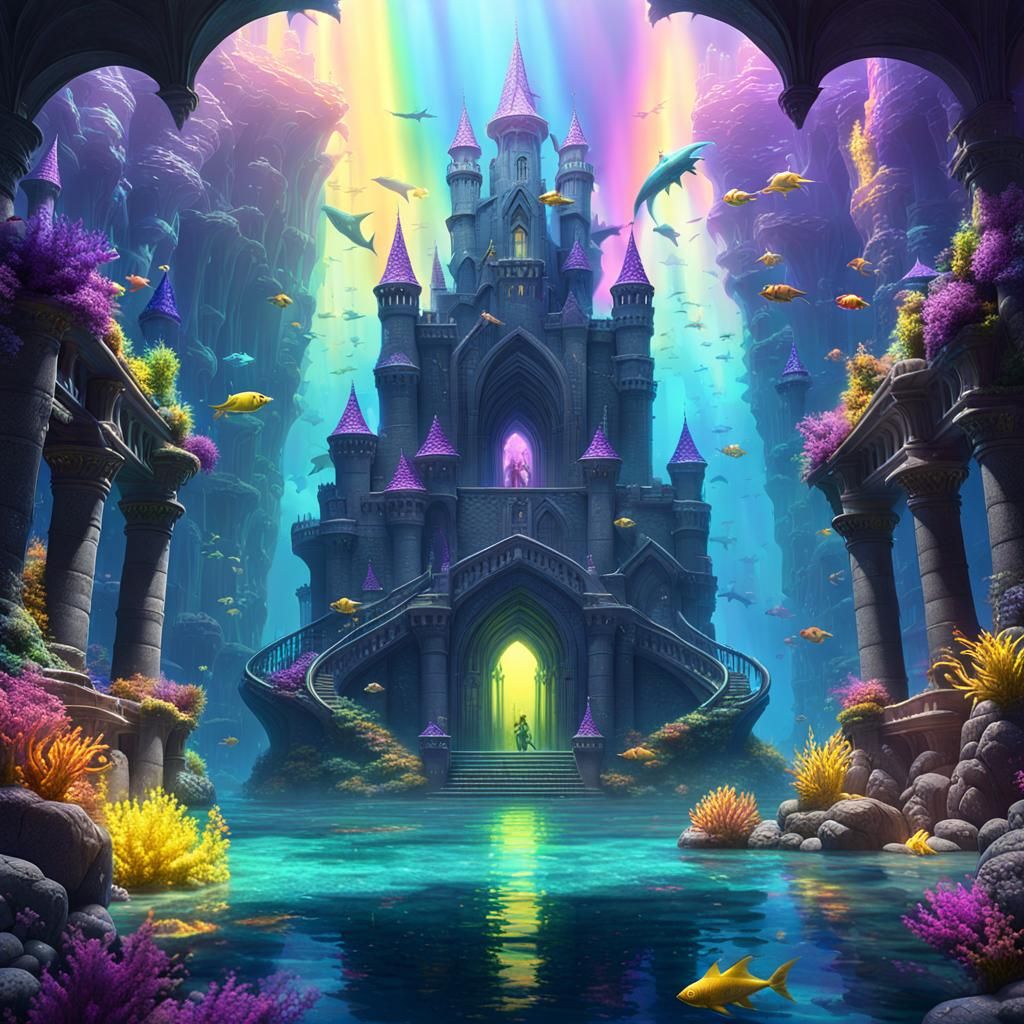 Mermen School at Underwater Castle in Dark Fantasy Style