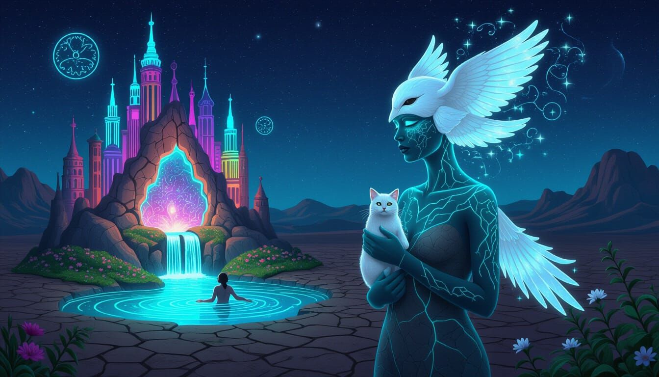 Figure with Cracked Earth Skin Revealing Bioluminescent Oasi...