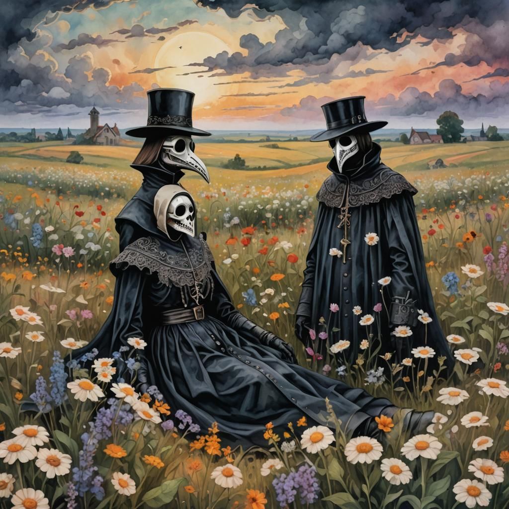 Macabre Plague Doctor Couple in Watercolor Flower Field