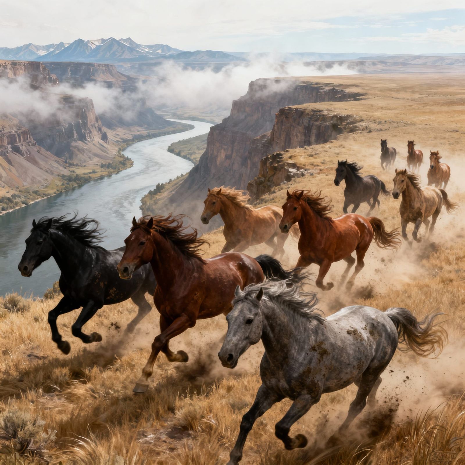 Wild Horses Gallop Across Plateau with Rocky Mountains