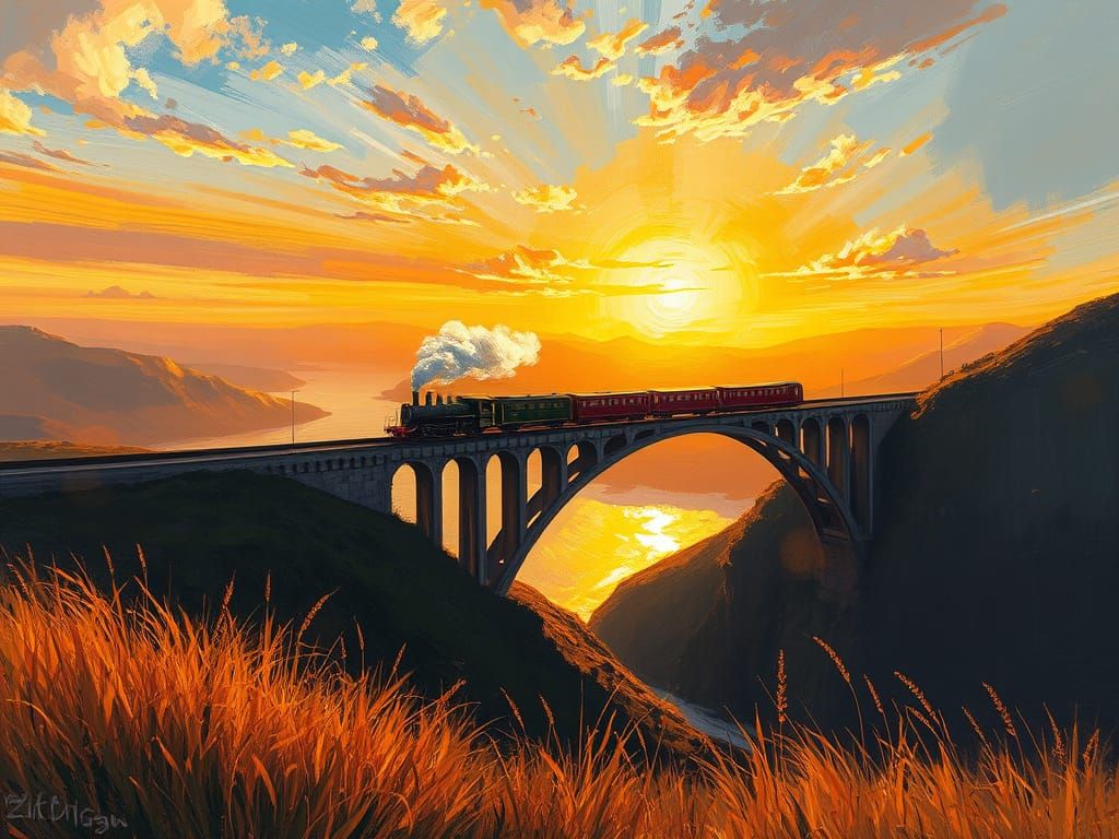 Autumn Steam Train Crossing Viaduct in Impressionist Style