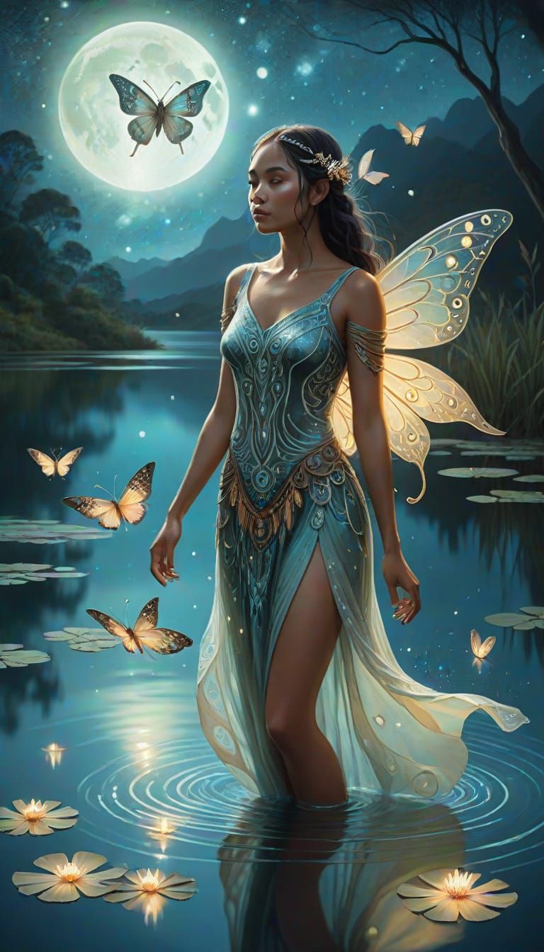 Maori Fairy with Moth Wings Over Tranquil Lake