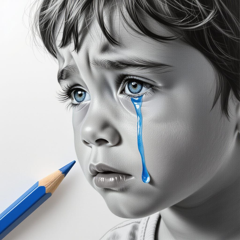 Hyperrealistic Pencil Sketch of Child's Tear