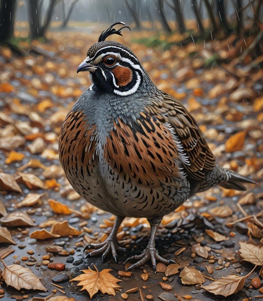 Quail Portrait: Hyperrealistic Oil Painting in Gloomy Weathe...