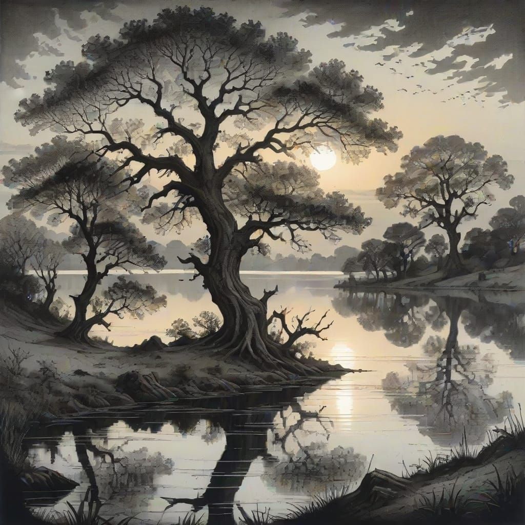 Mystical Dusk Landscape with Lake and Ancient Oaks in Intric...