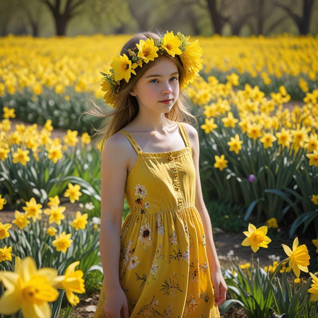 Girl Standing in a Vibrant Impressionist Field of Flowers