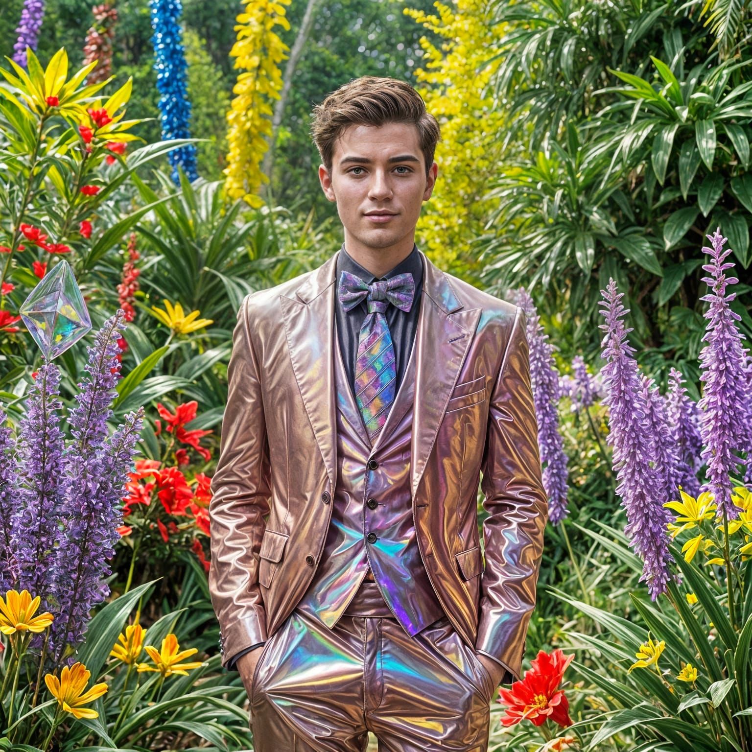 Man in Iridescent Crystal Suit Welcomes Visitors