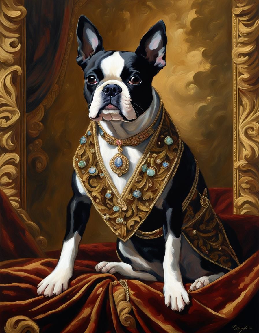 Regal Boston Terrier Portrait in 18th Century Style