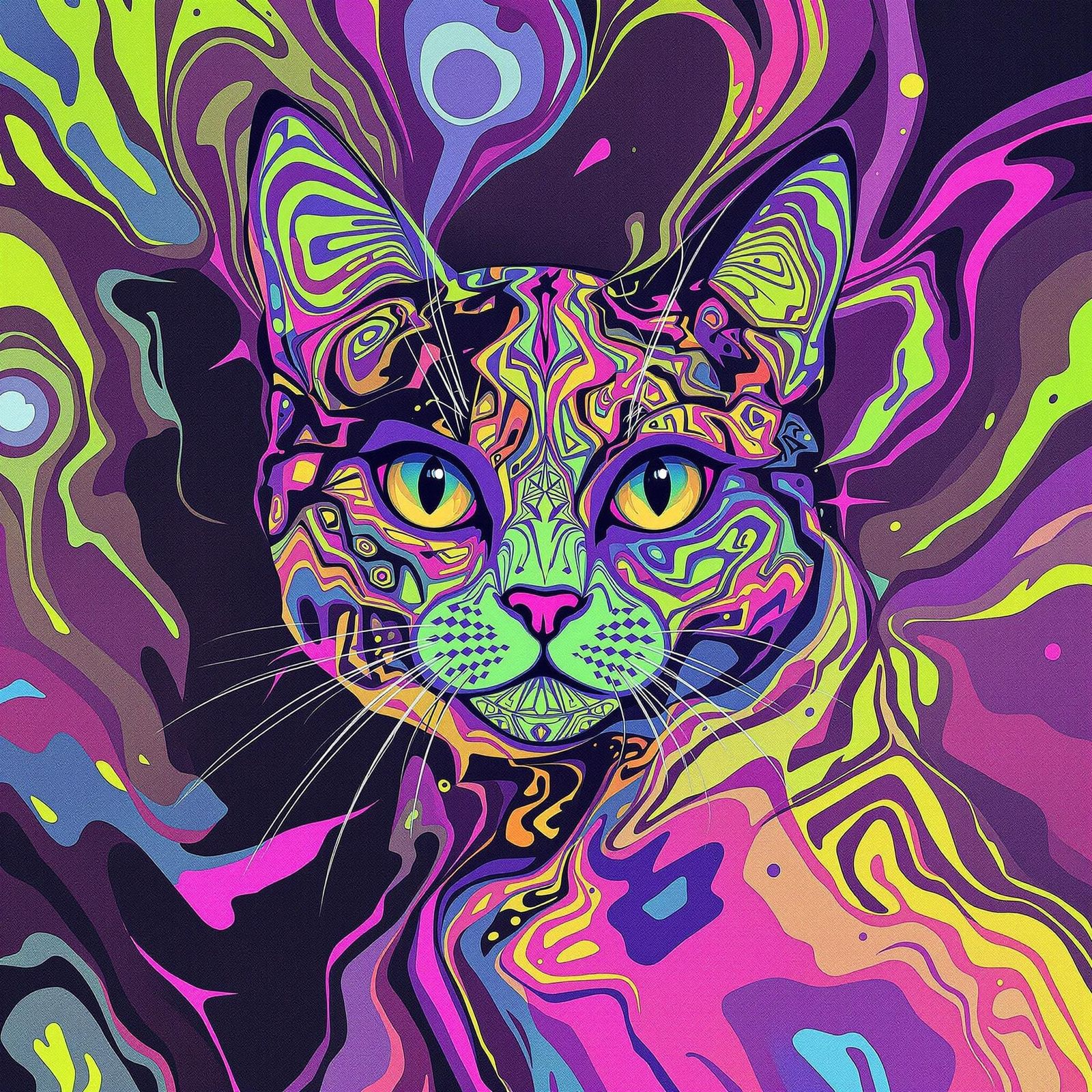 Op-Art Cat with Neon Colors and Geometric Illusions