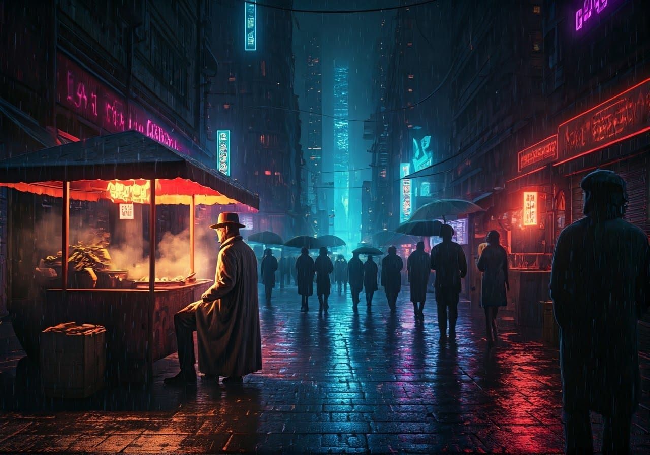 Gritty Cyberpunk Street Food Scene in a Rainy Dystopian City