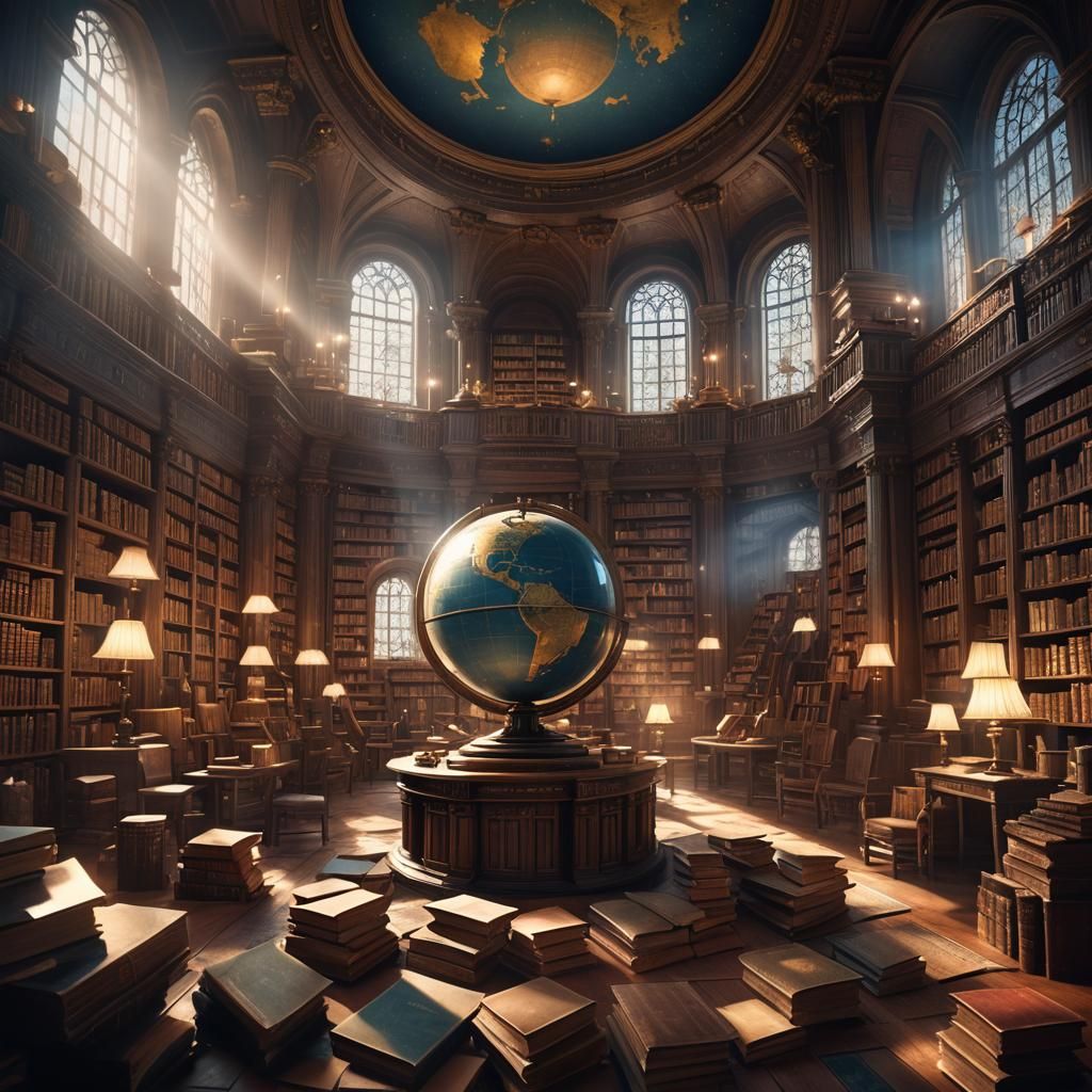 Ancient Library with Globe in Sparkling Light