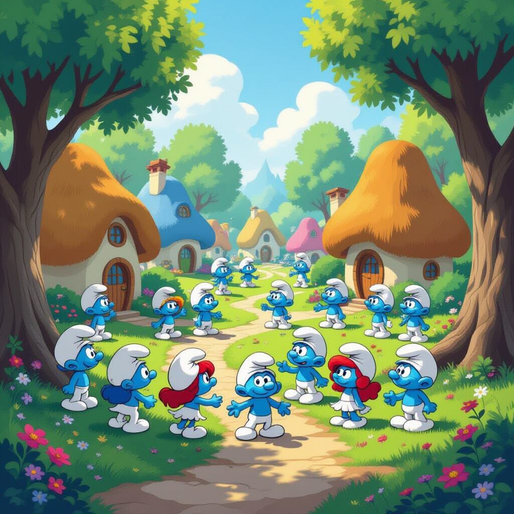 Smurf Village Bustling with Life on a Sunny Day