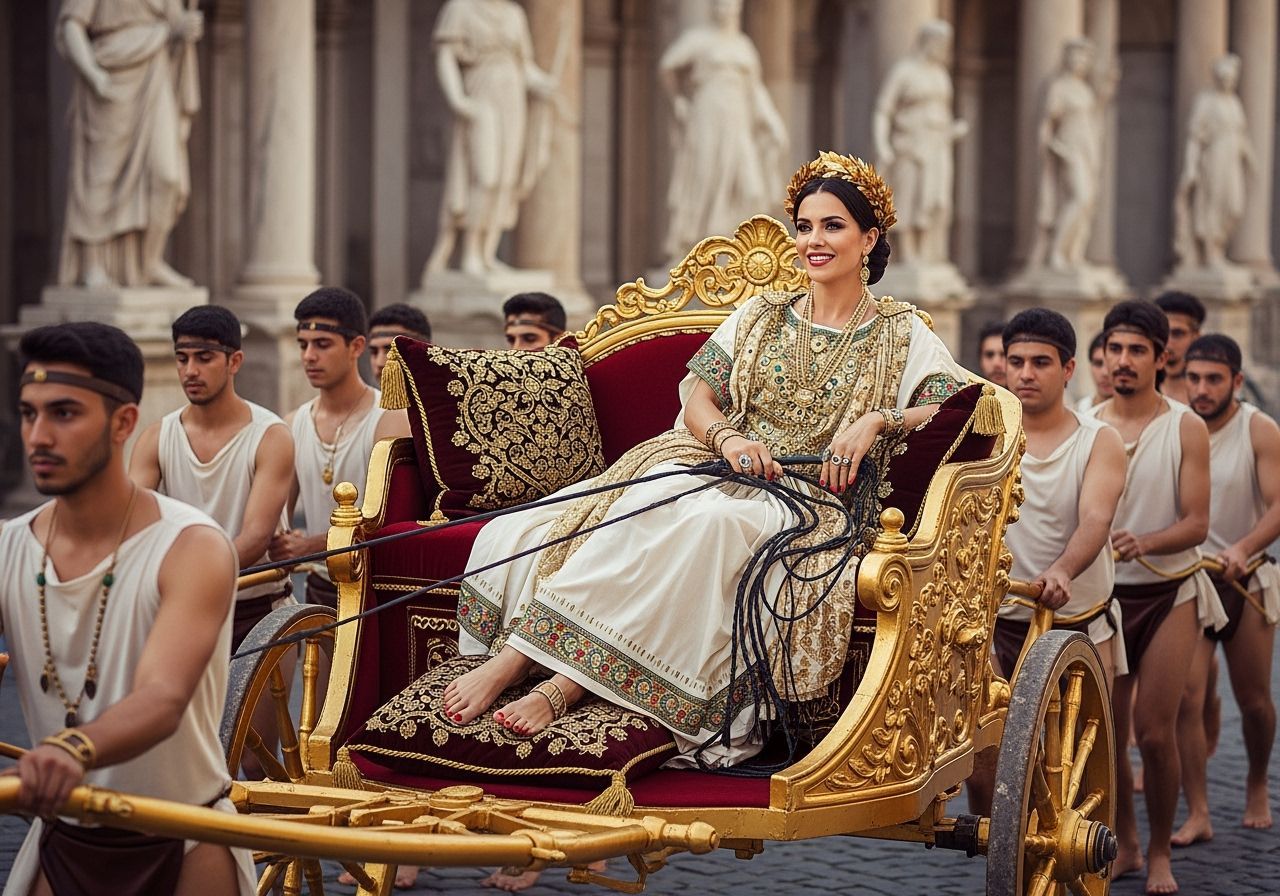 Roman Empress in Gold Chariot, Regal and Barefoot