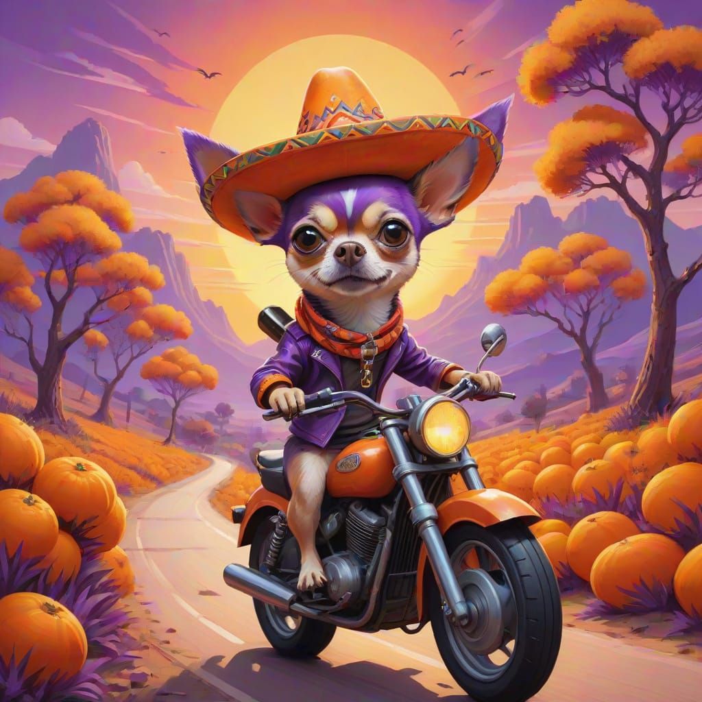 Rebellious Chihuahua Rides Motorcycle in Folk Art