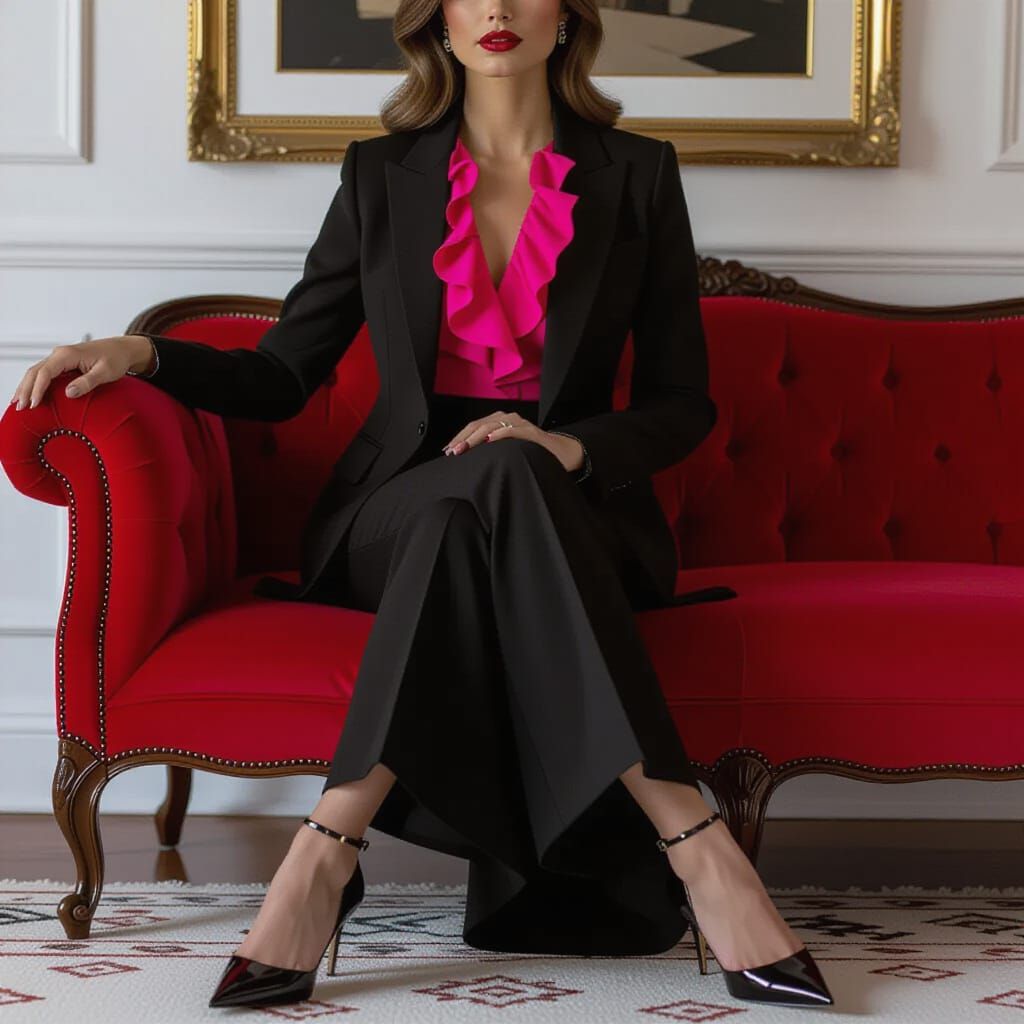 Elegant Figure in Black Suit on Red Velvet Sofa