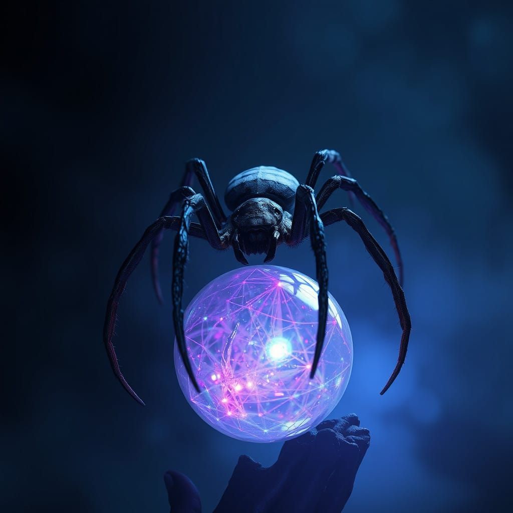 Ethereal Spider Adorns Iridescent Orb in Cyberpunk-Inspired...