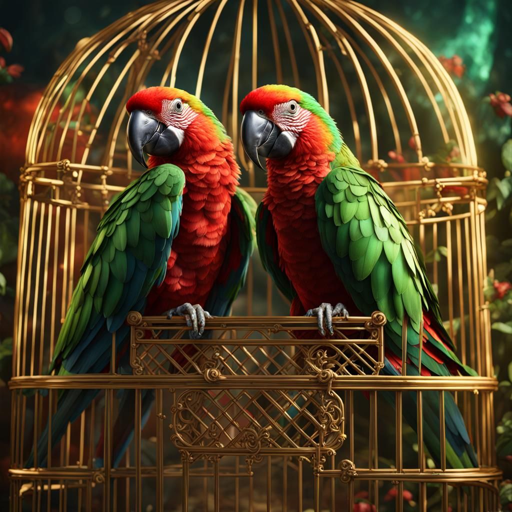 Red-Green Parrots in Golden Cage: Fantasy Concept Art
