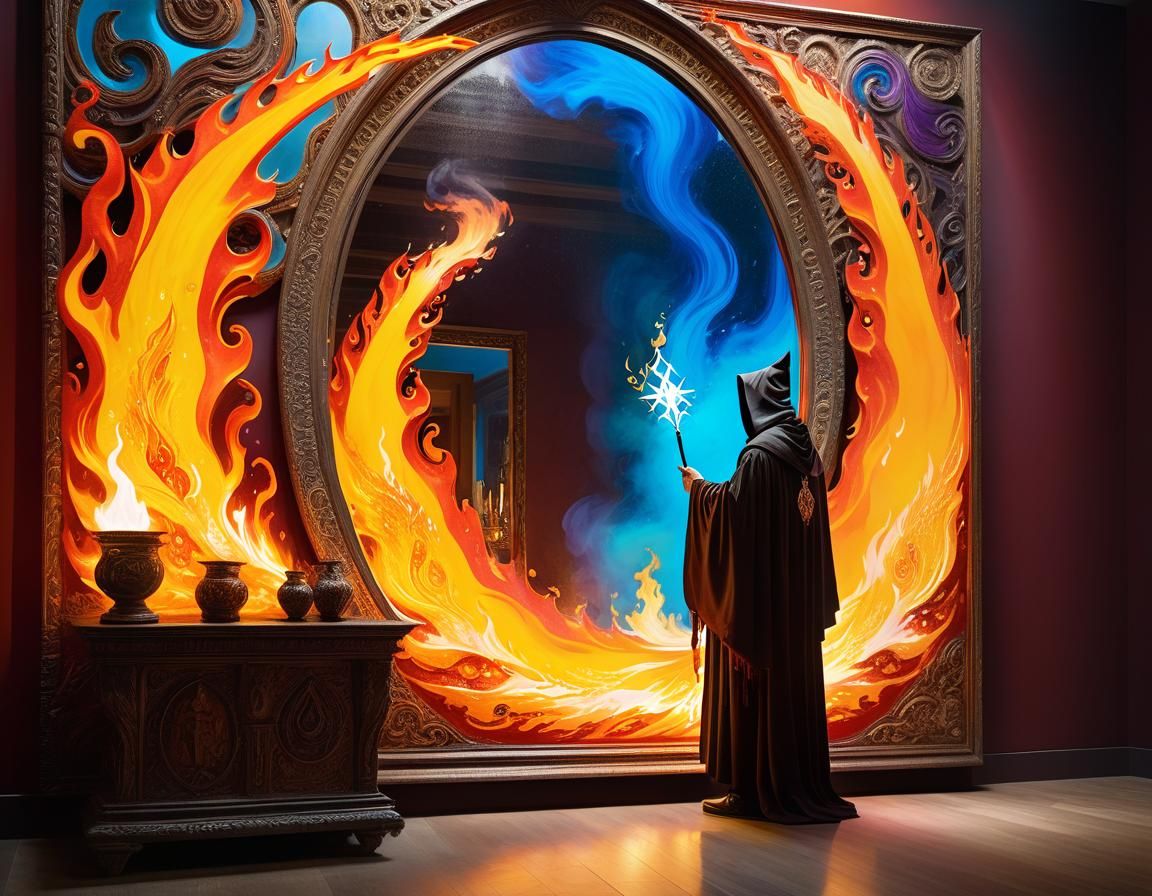 Wizard Casting Fire Spell in Magical Realism Style
