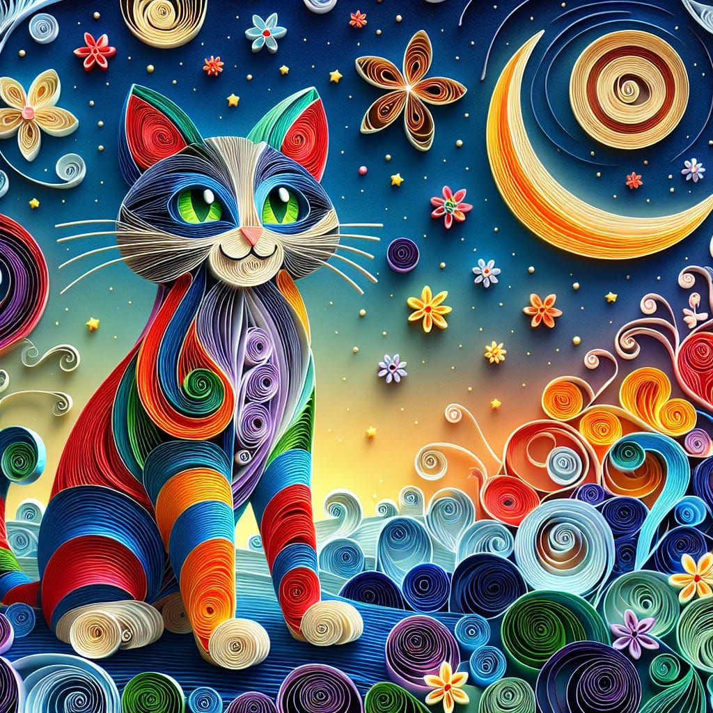 A whimsical cat illustration in digital quilling art style.