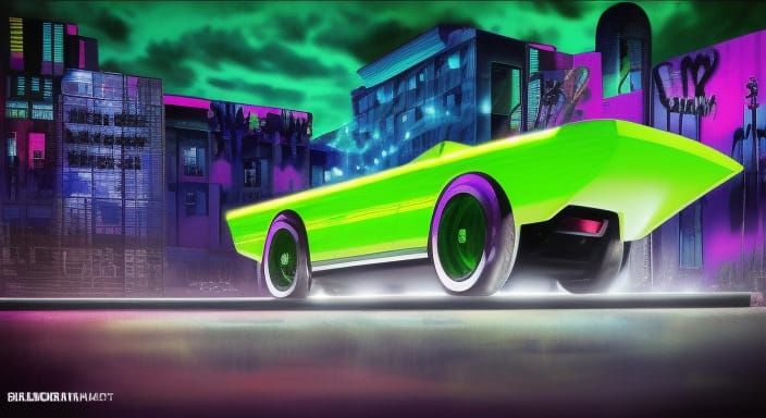 Neon Green Spaceship at Gas Station in Graffiti Art Style