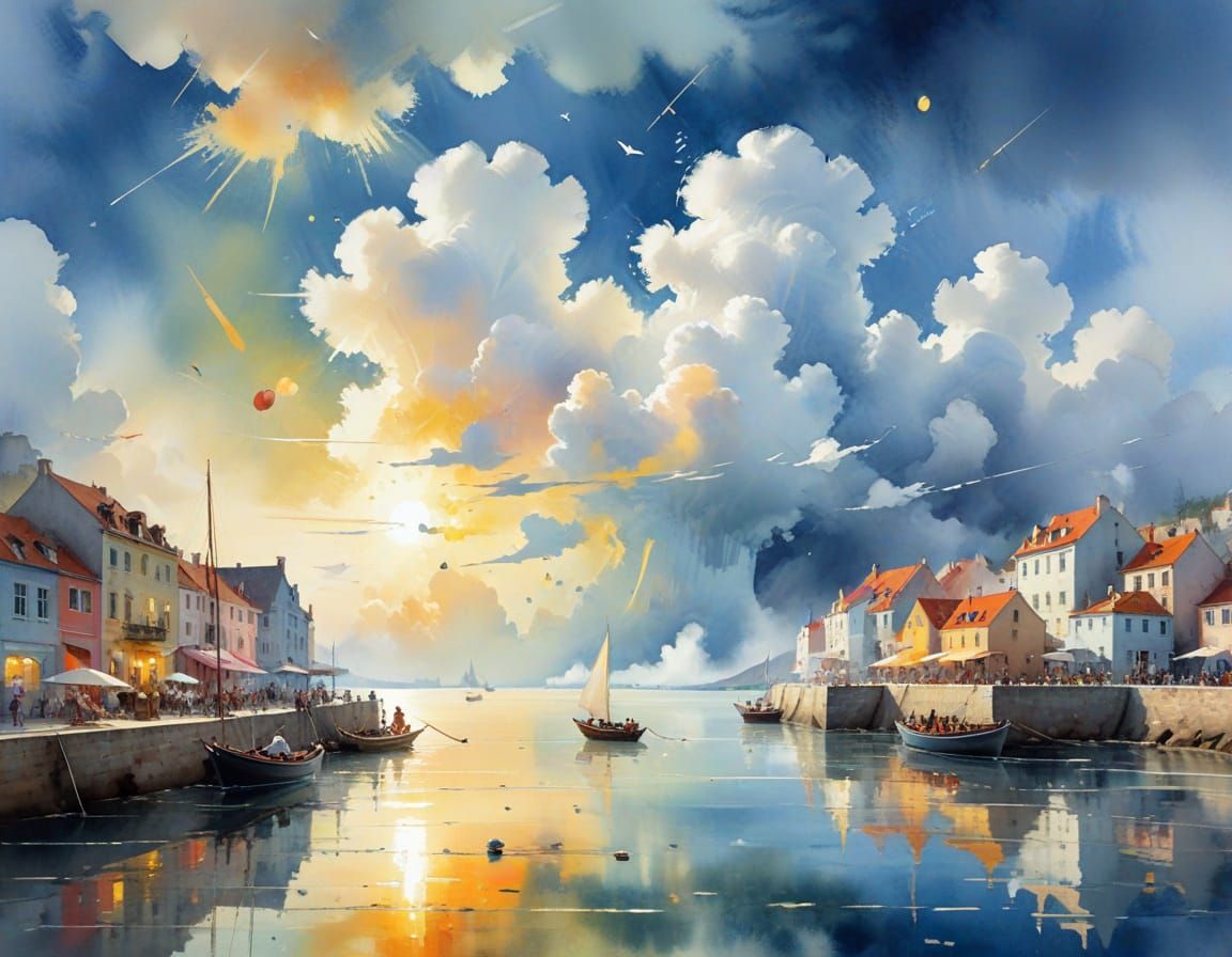 Cloud Giants Sipping Lemonade Above Seaside Town