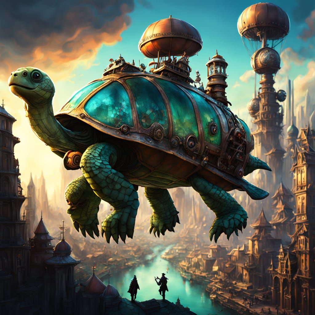 Steampunk City on Turtle's Back in Alcohol Inks