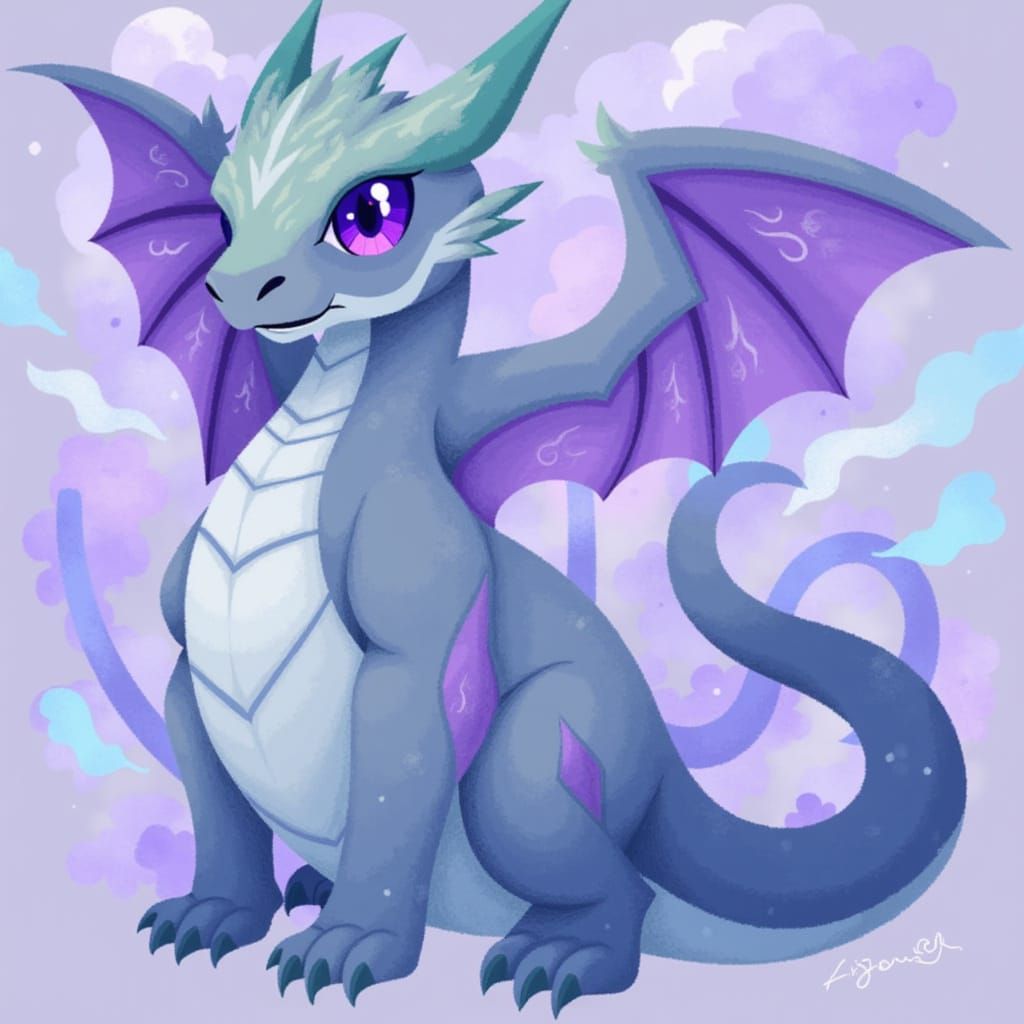 Adorable Bluish-Grey Dragon Sketch with Purple Eyes