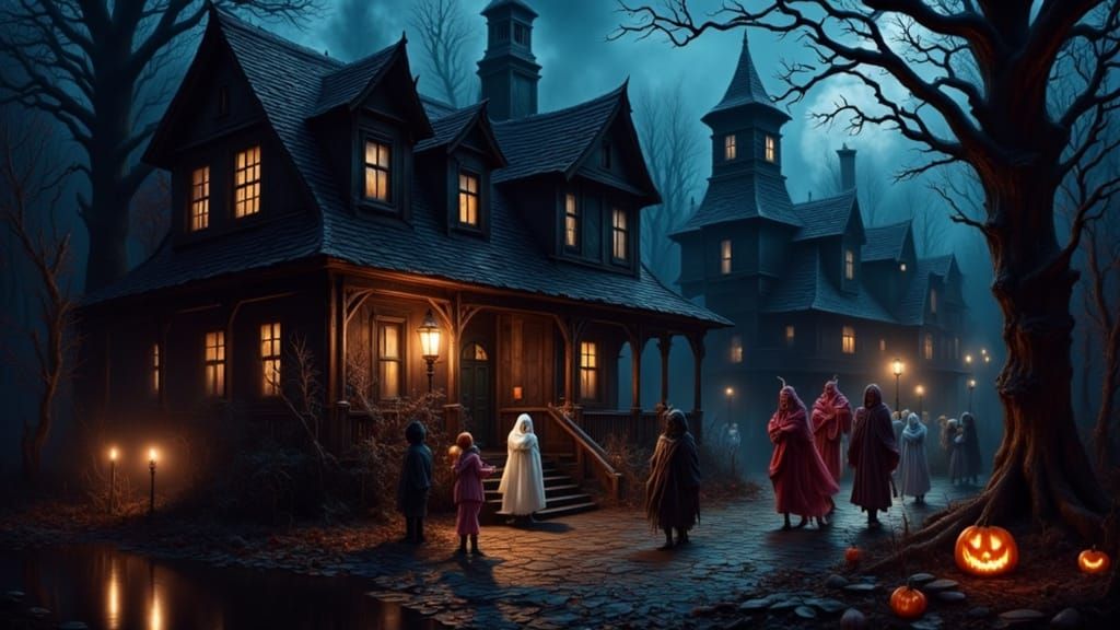 Surreal Halloween Night: Haunted Houses, Ghosts, and Candy