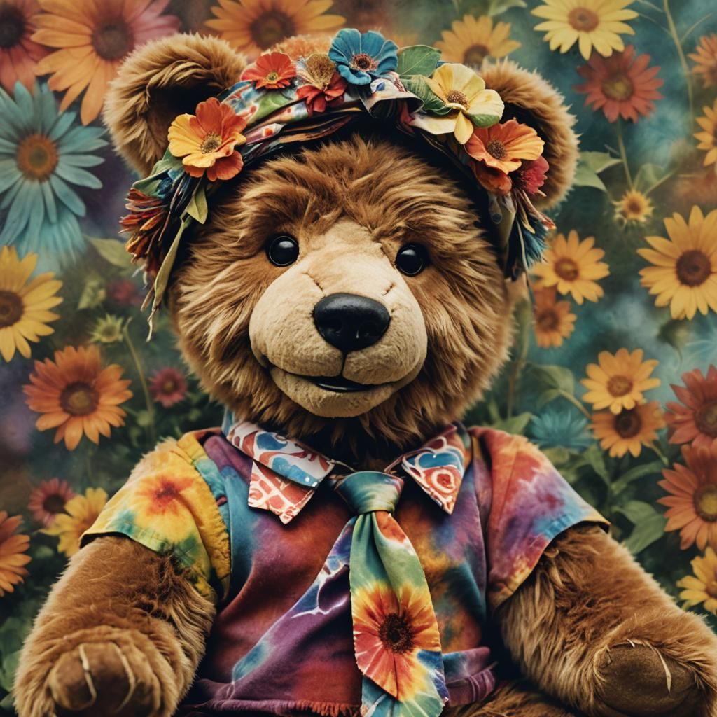 Hippie Teddy Bear Portrait in Retro Photorealism Style