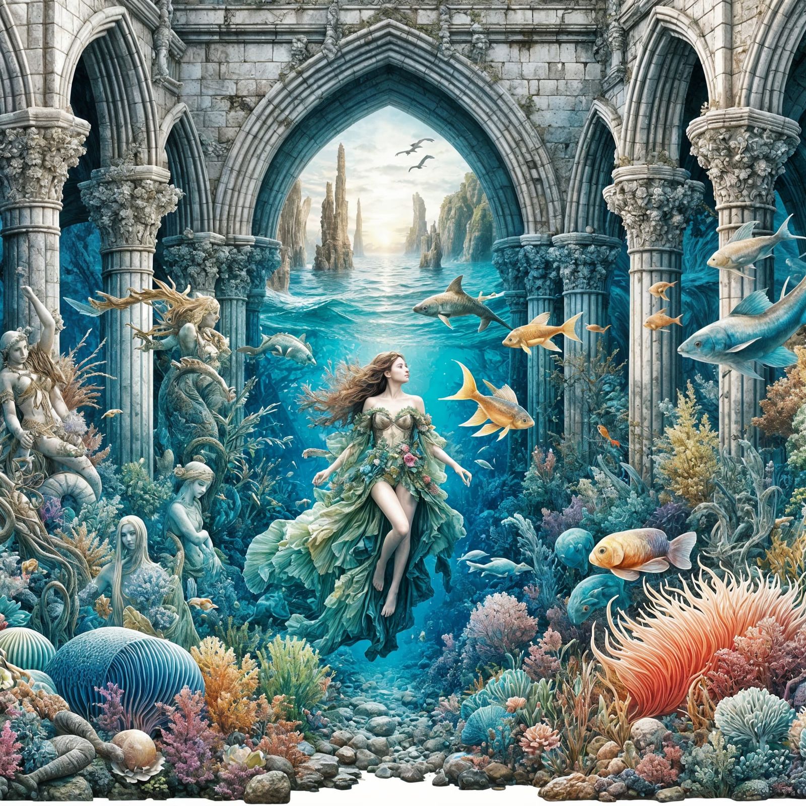 Underwater Beauty Amidst Gothic Ruins