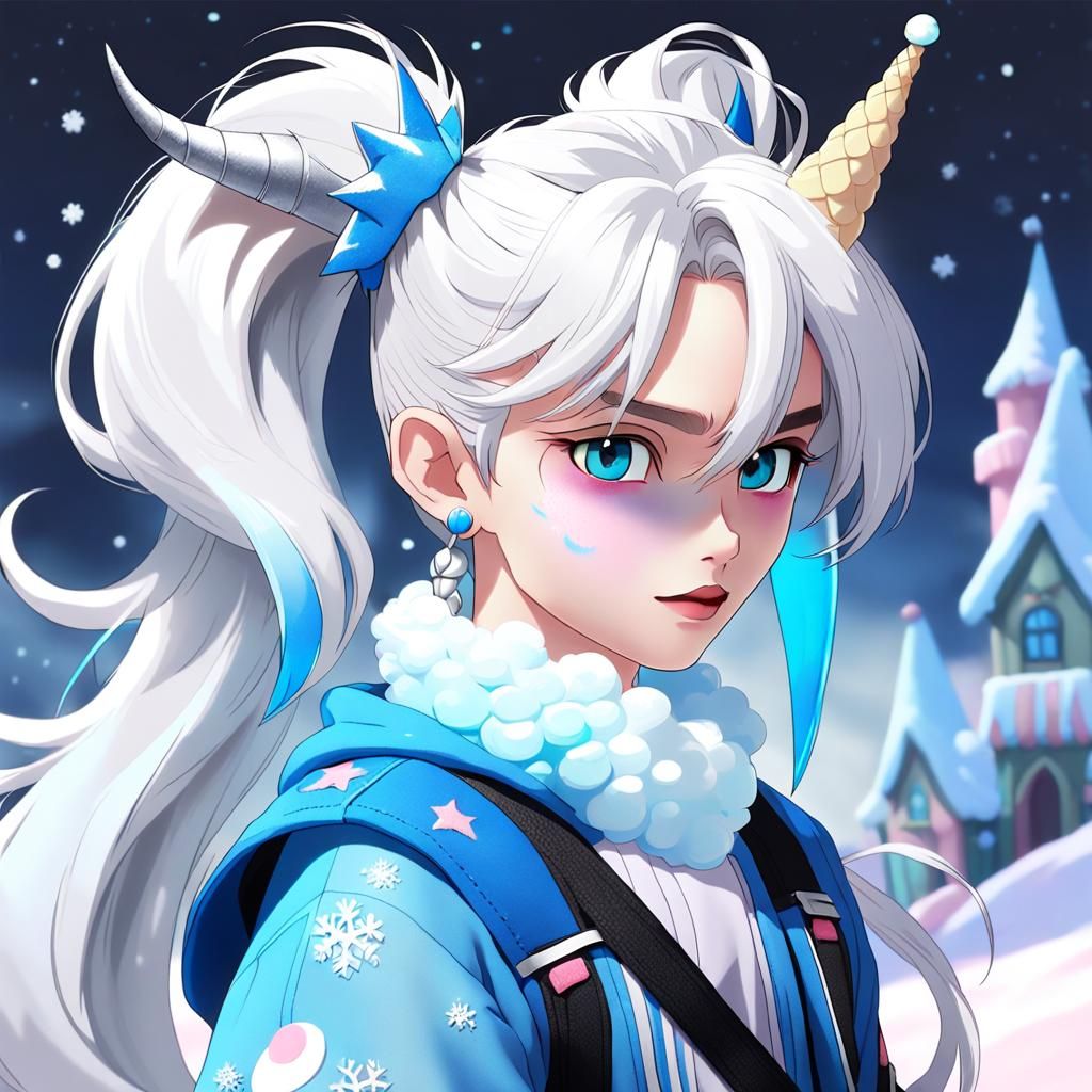 Anime Character with Heterochromatic Eyes and Silver Horns