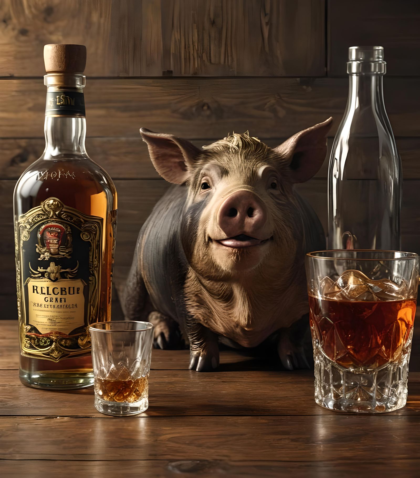 Liquor Bottle with Pig Label in Splash Art Style