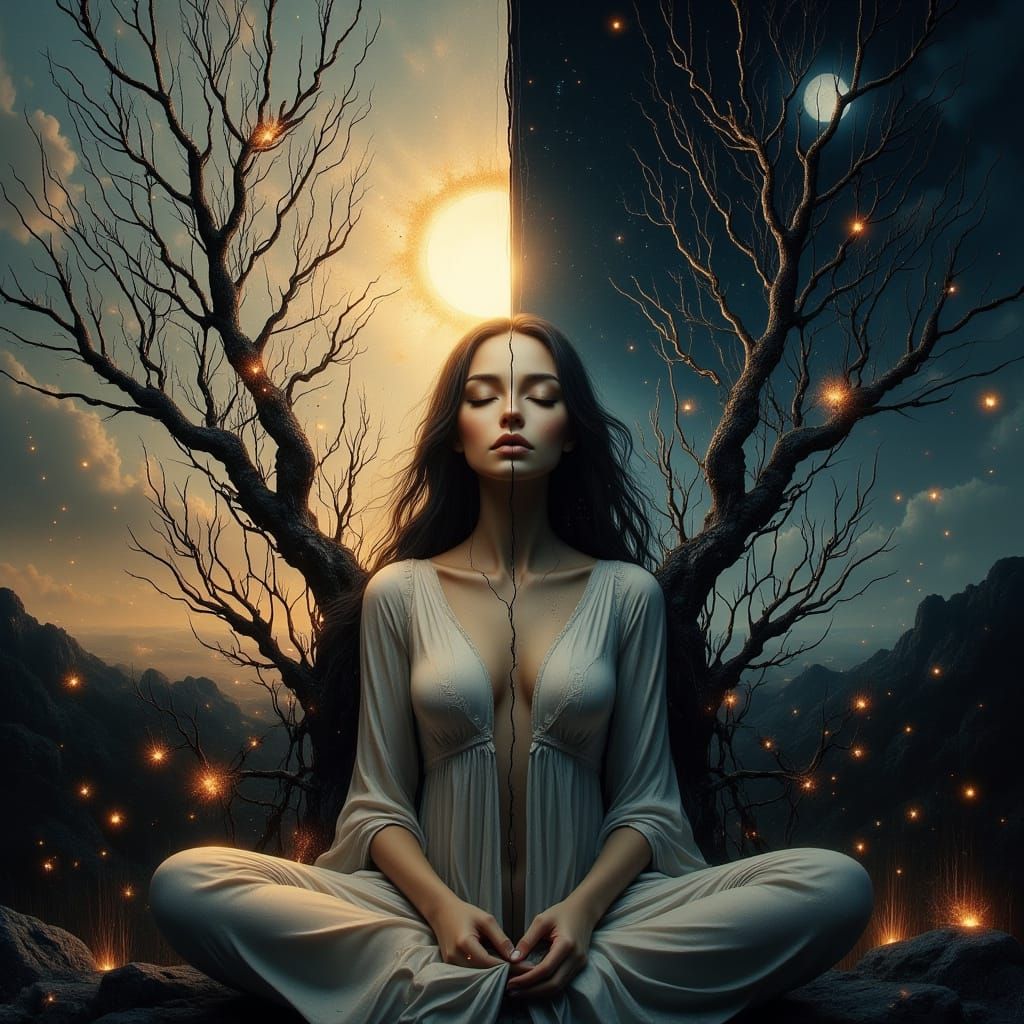 Woman Divided Between Day and Night in Garden