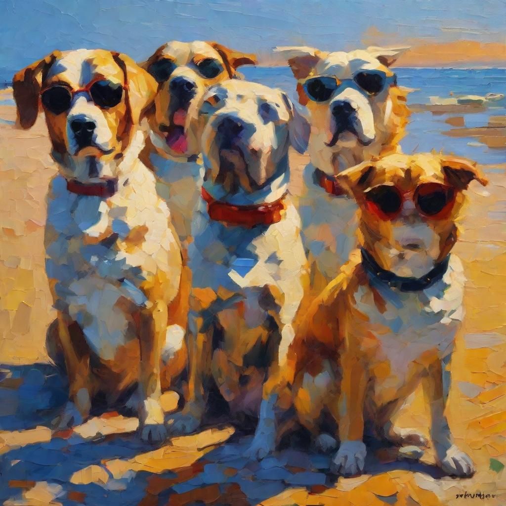 Dogs on the Beach: A Neo-Impressionistic Oil Painting