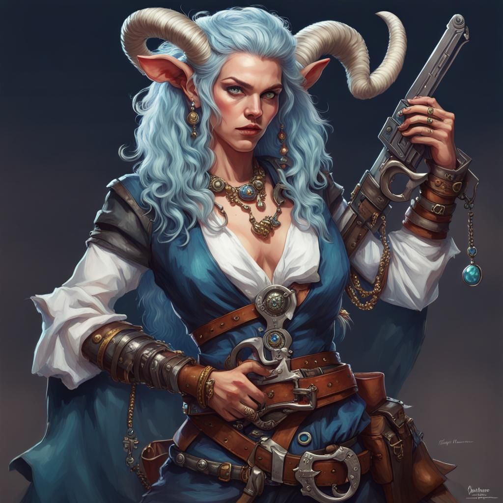 Tiefling Bard with Gun: Hyperrealistic Digital Portrait