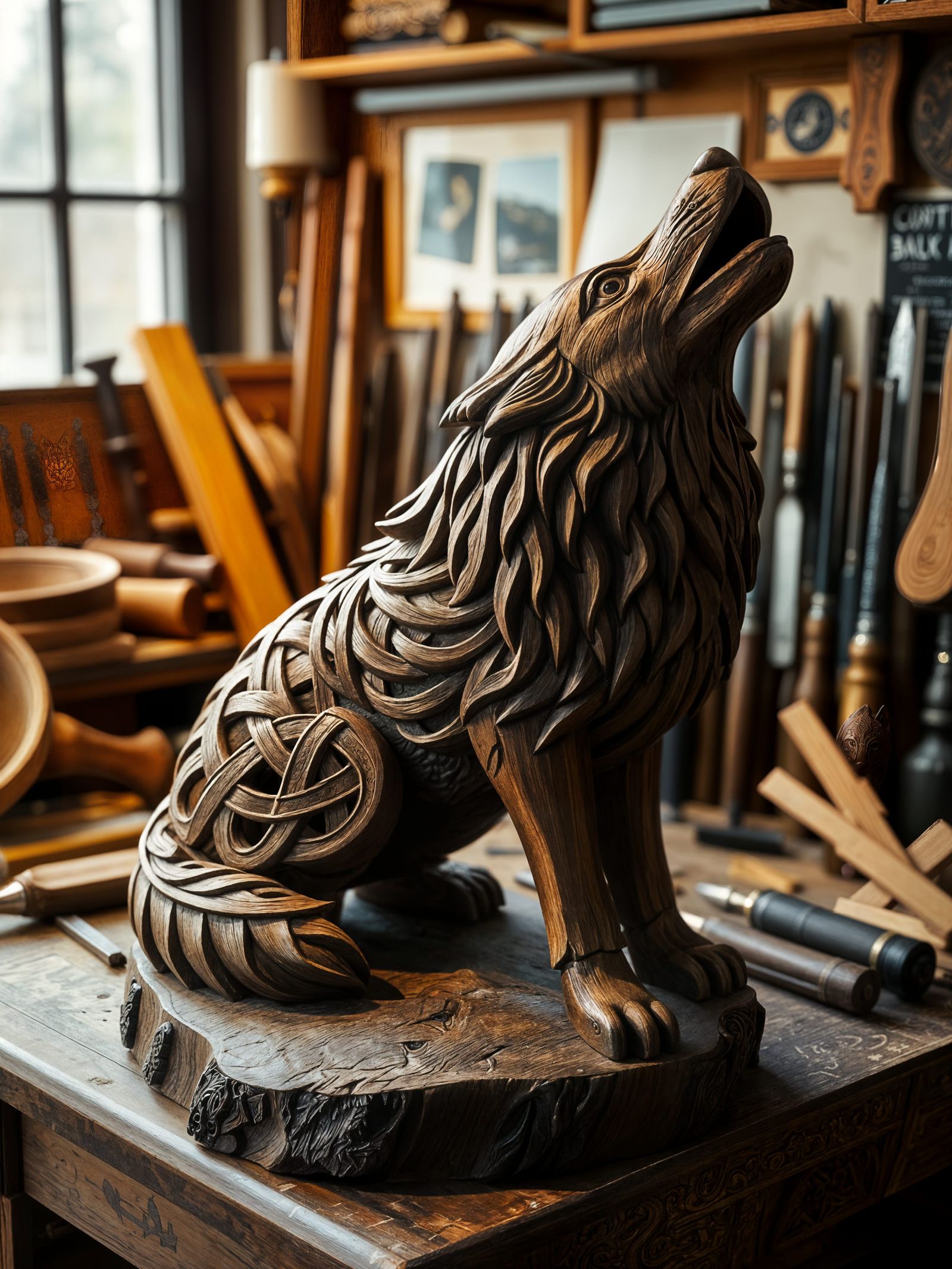 Intricate Celtic Wolf Wood Carving in Studio