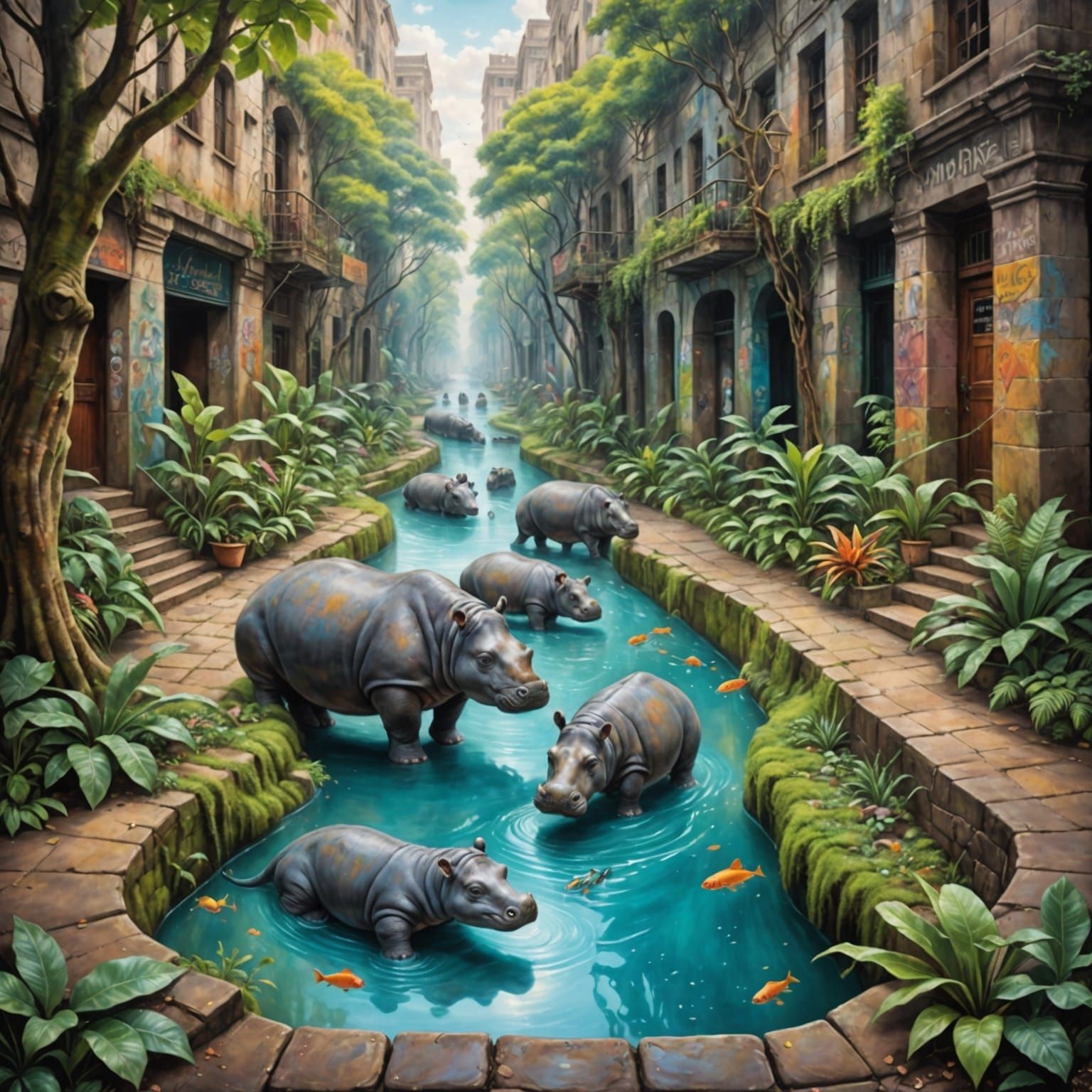 Surreal Jungle Canyon Illusion in Chalk Street Art Style