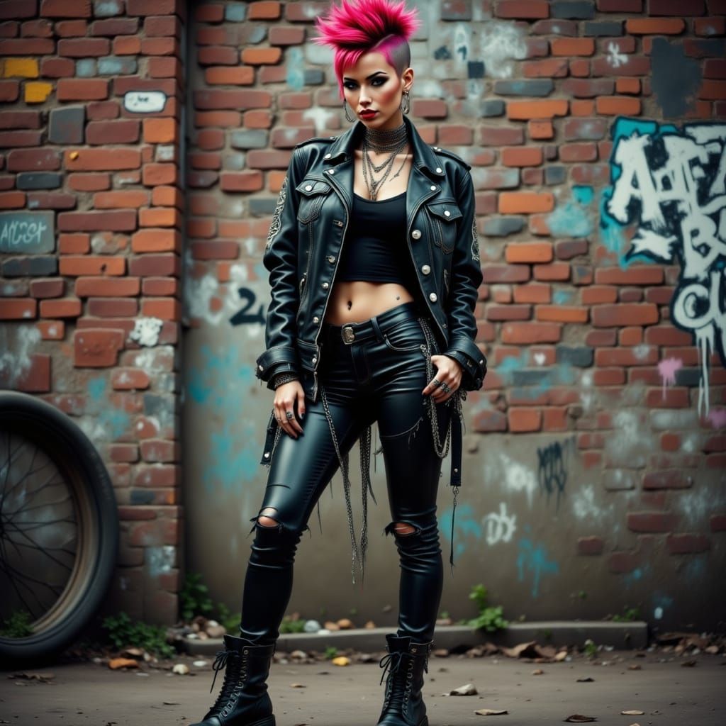 Provocative Punk Woman in Leather and Denim
