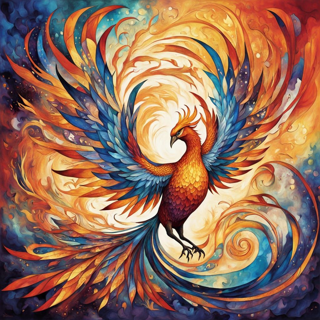 Stained Glass Phoenix Rising in a Painterly Style