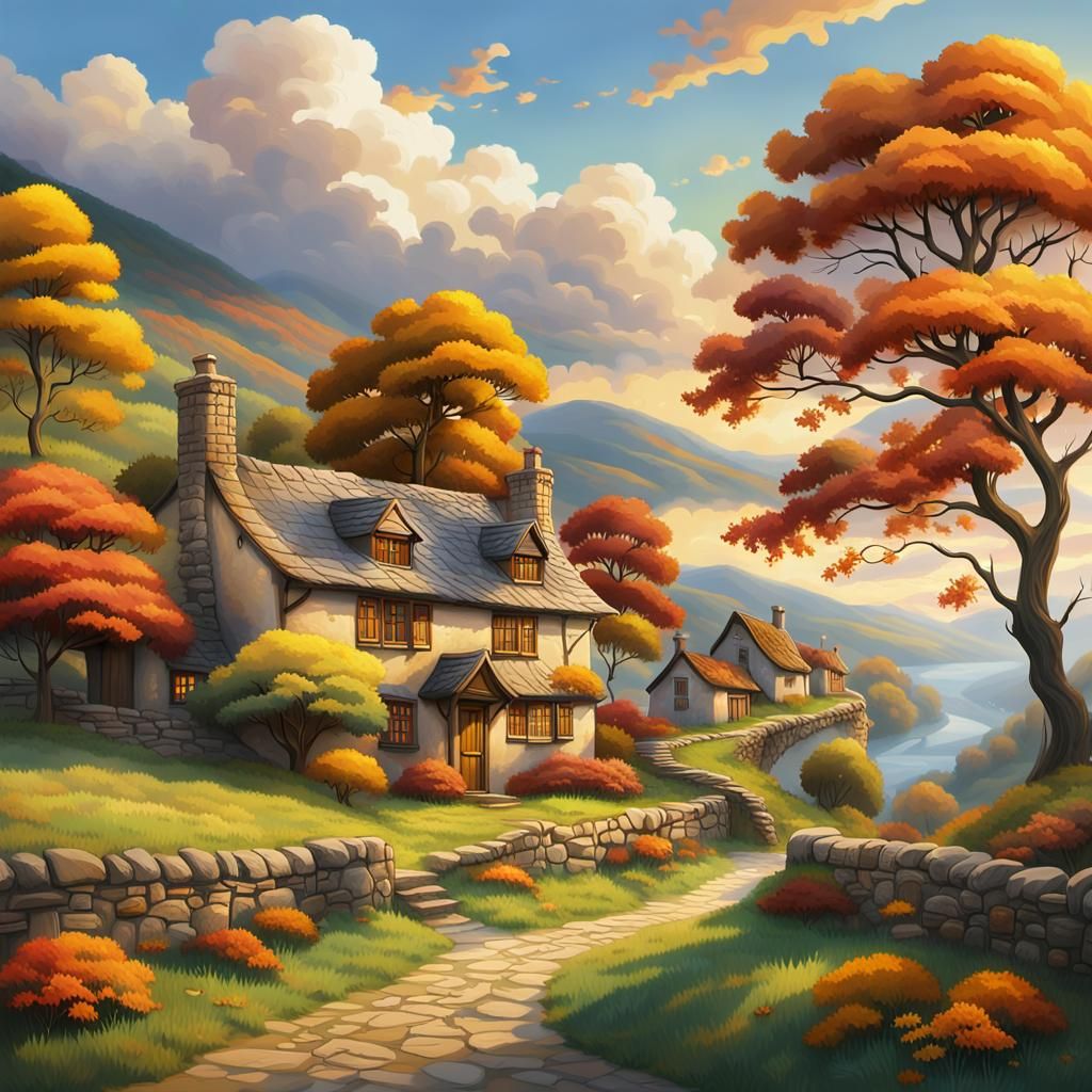 Picturesque Cottages Under Autumn Mapletree at Golden Hour