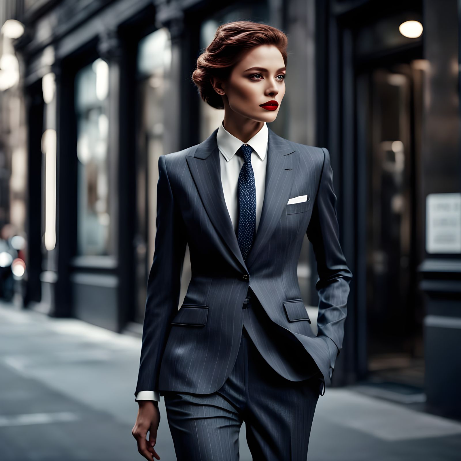 Elegant Woman in Striped Suit, Red Hair and Bold Lip Color