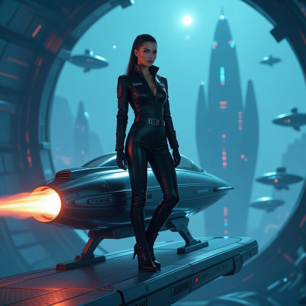 Arcturian Pilot on Galactic Platform in Futuristic Style